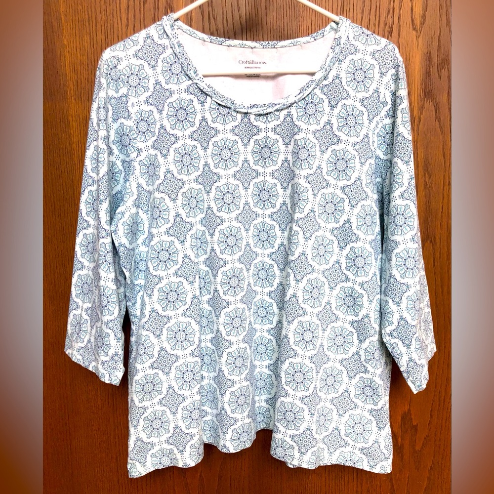 Croft & Barrow Women's Stretch Shirt 1X 3/4th Sleeve Light Blue Floral Cotton